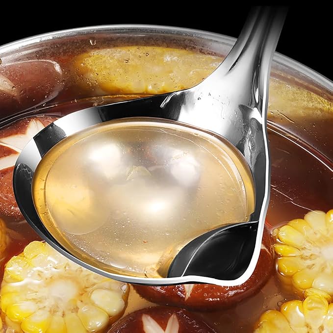2PCS Fat Skimmer Spoon, Fat Separator for Cooking Ladle Strainer Portable Kitchen Gadgets Stainless Steel(Large + small)