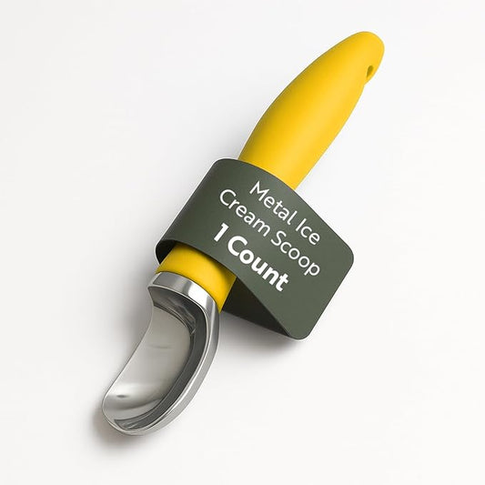 Restaurantware Comfy Grip 7.9 x 2 Inch Kitchen Ice Cream Scoop 1 Heavy-Duty Ice Cream Disher - Ergonomic PP Handle Dishwashable Orange Metal Ice Cream Spade With Lid Opener Notch Multi-Use
