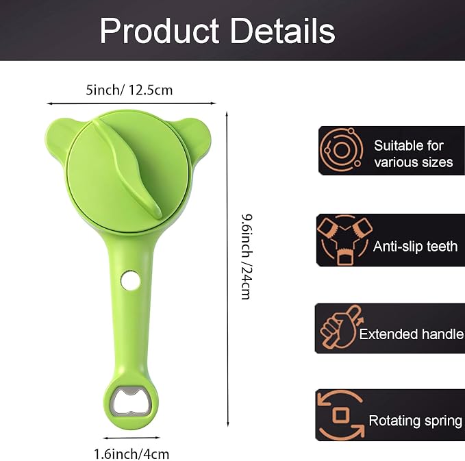 4-in-1 Multi-Functional Retractable Jar & Bottle Opener, Adjustable Stainless Steel Jar Opener for Seniors & Arthritis Sufferers,Suitable for 1''-3.5'' Jars, Bottles, Cans,Beer Caps (Green)