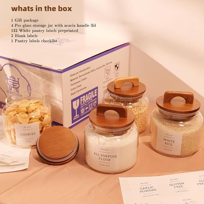 4 Pack Glass Pantry Storage Containers with 132 Pantry Labels - 37 FL OZ Kitchen Glass Canisters with Bamboo Airtight Lids - Farmhouse Glass Pantry Jars for Cookie, Rice, Pasta, Cereal, Bath Salt