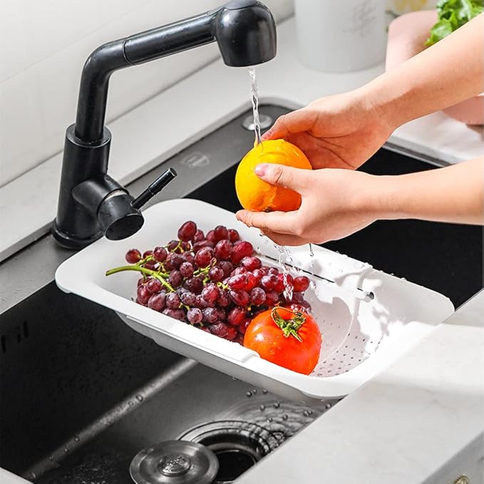 Collapsible Sink Colanders and Strainers Basket Extendable Plastic Fruit Vegetable Strainer Drainer Basket for Kitchen (Length 14.3 inch-19.4 inch) (Grey and white) 6 * 10