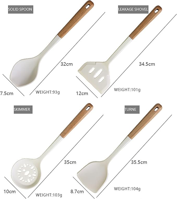 1pcs White Silicone Slotted Spoon with Wooden Handle, Heat Resistant Cooking Utensils, Mixing Spoon, Skimmer Cooking Backing Spoons Set for Stirring, Mixing and Serving
