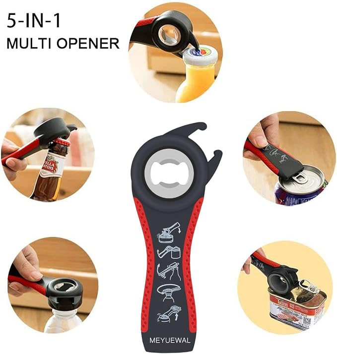 6 in 1 Lid Opener - Bottle, Jar, & Can Opener for Seniors with Arthritis or Weak Hands - Heavy Duty & Smooth Edge, Red