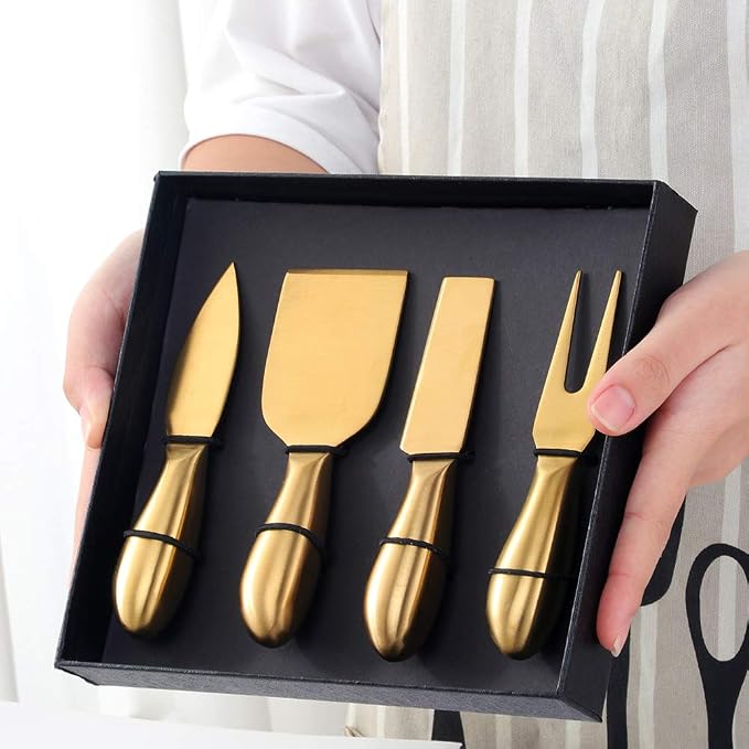 Cheese Knife Set, Stainless Steel Cheese Tool, Ergonomic Design&Easy To Use, for Birthday/Parties/Wedding/Bridal Shower/Housewarming and Anniversary (goldcase)