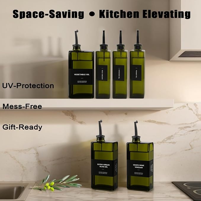 Olive Oil Dispenser Bottle for Kitchen 16.9oz, UV-Blocking Oil and Vinegar Dispenser Set, Soy Sauce Dispenser, Space Saving Design for Countertop (Green, 2pcs)