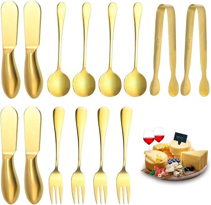 Funland 14 PCs Gold Cheese Spreader Knives Set, Butter Knife Spreaders for Cheese Board Accessories, Mini Cheese Knife Slicer with Serving Tongs Spoons and Fruit Forks Charcuterie Utensils - Gold