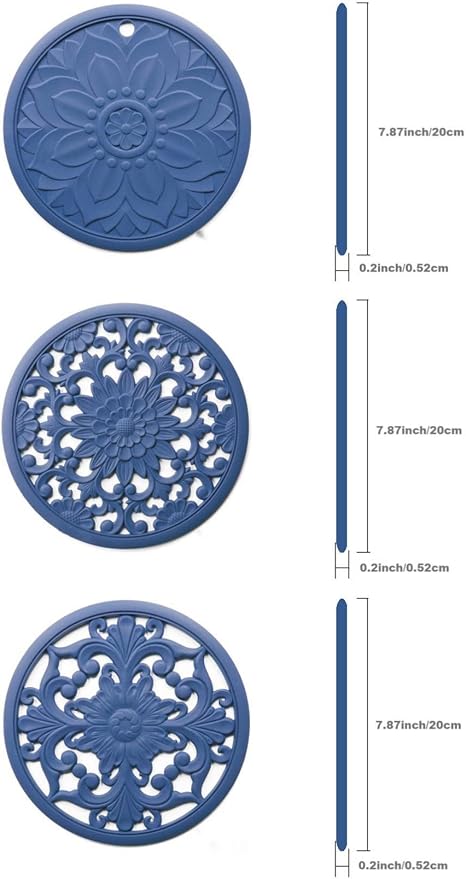 Silicone Trivets Mats for Hot Pots & Pans & Dishes, Versatile Hot Pads for Kitchen, Multipurpose Heat Resistant Mat for Kitchen Counter, Durable & Flexible Round Silicone Pot Holder Set 3 Blue