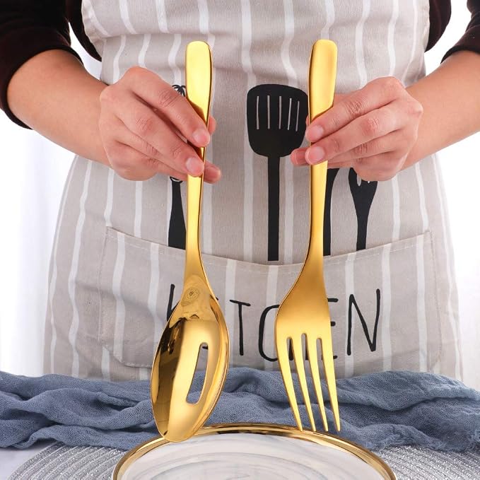 Long Handle Serving Set, 10 inch Stainless Steel Polished Server Spoon, Fork, Slotted Spoons, Set of 3 (Gold)