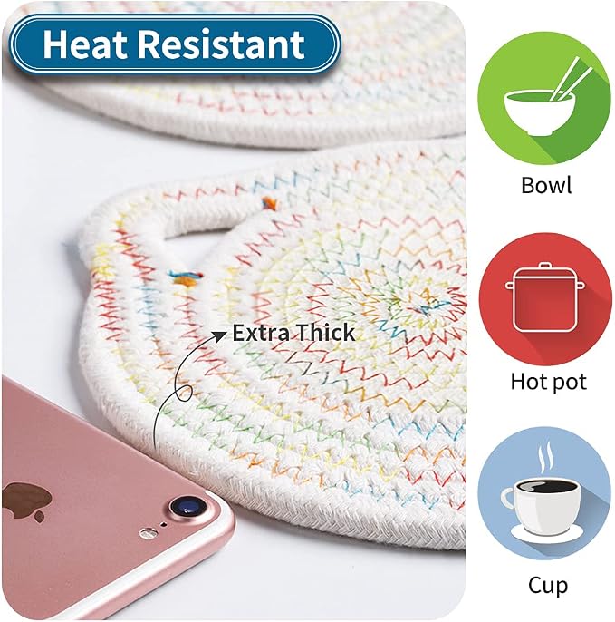 7" Pure Cotton Trivets Set with 0.35" Thick (3 Pcs, Blue) | Tightly Woven, Machine Washable, Heat Resistant, Cute Cat Kitchen Accessories for Hot Dishes Pots Pans, Decor, Gift