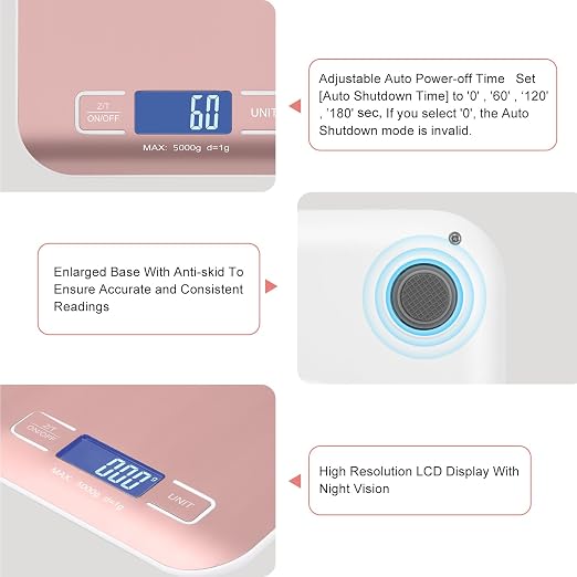 Digital Shipping Scale,Stainless Steel Panel, Accurate Portable Postal Scale for Packages, Small Business,Kitchen, Food, Handmade, Liquids, and Boutique (Rose Gold Battery(5kg/1g))