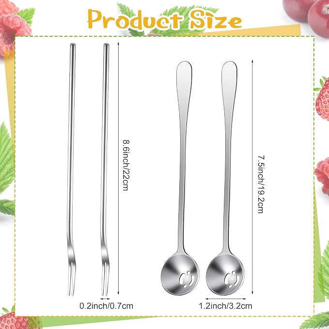 Didaey 4 Pcs Pickle Fork and Olive Spoon Strainer Set Stainless Steel Long Handle Pick Jar Serving Spoon with Drain Hole Prong for Onion Cucumber Arugula(Classic Style)
