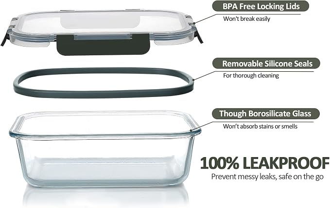 M MCIRCO 10 Pack Glass Food Storage Container with Lids,Gray | Glass Meal Prep Containers with Lids, Airtight Lunch Bento Boxes,Microwave, Oven, Freezer and Dishwasher Friendly, BPA Free