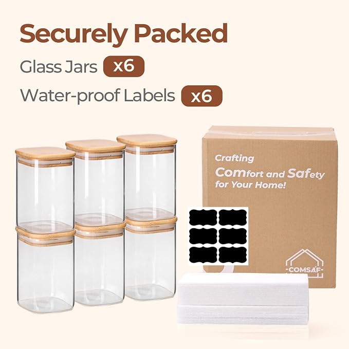 ComSaf Glass Storage Containers wtih Lids 1.2 Qt, Set of 6 Food Storage Jar | Glass Pantry Storage Containers, Square Kitchen Canisters, Pantry Organizers, Tea, Oat, Spice, Coffee, 37oz Jars, BPA Free