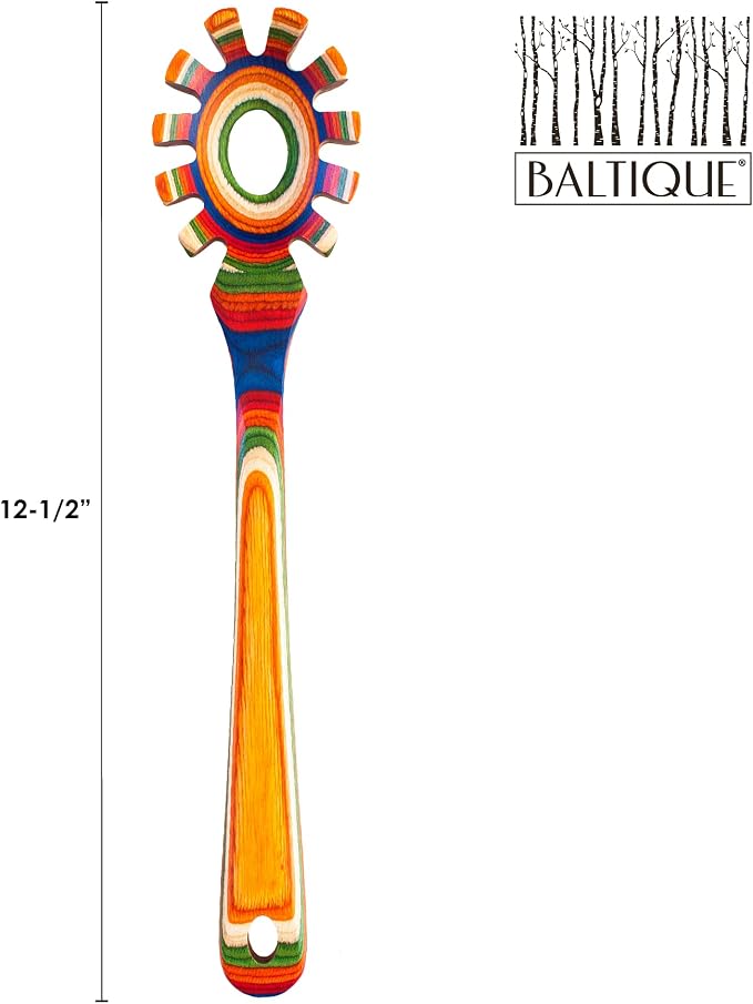 Baltique Marrakesh Collection Wooden Spaghetti Spoon – 12.5" Pasta Server with Teeth, Colorful Birch Wood Utensil for Portioning, Stirring & Serving Noodles