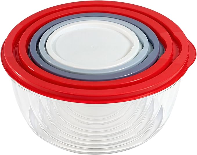 5-Piece Plastic Mixing Bowl Set with Lids for Kitchen, Nesting Kitchen Bowl Set for Mixing Baking, Prepping, Cooking & Food Storage Microwave Safe (Red)