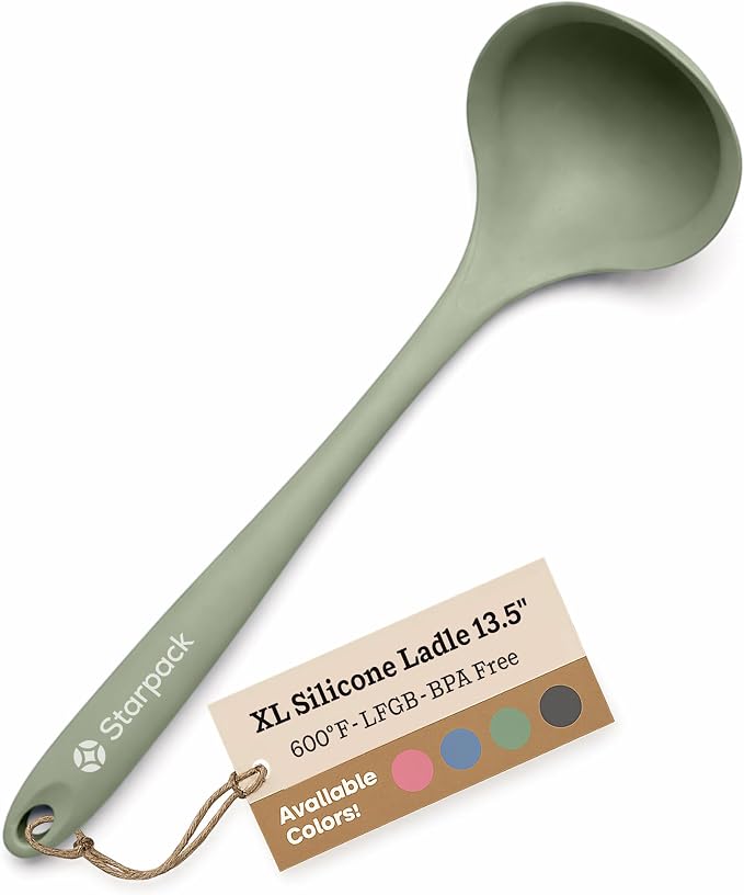 Starpack 'Ladle of Love' XL Premium Silicone Ladle Spoon - Up-to 600°F High Heat Resistant Soup Ladles - Kitchen Ladles for Serving, Non Stick Silicone Spoons, LFGB Grade Cooking Spoon - Sage Green