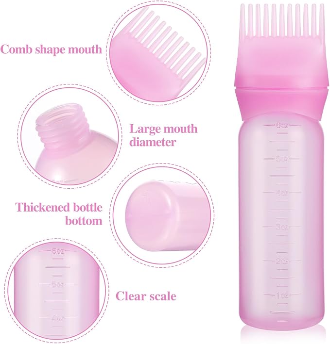 Pimoys 2Pcs 6Oz Root Comb Hair Dye Oil Applicator Bottles For Scalp, Pink | Plastic Squeeze Bottle Dispenser with Graduated Scale, Comb Tip Applicator For Hair Coloring Scalp Oiling, Home Salon Use