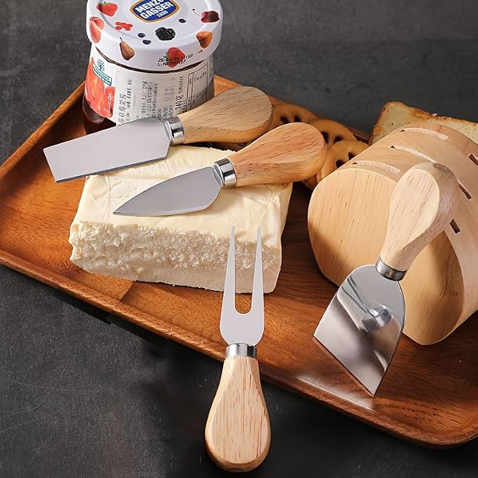 Linwnil Mini Cheese Knife Set with wood Handle - Stainless Steel Charcuterie Knife Set with 4 Fruit Forks & 4 Small Spoons - Compact Cheese Cutter Set for Charcuterie Boards