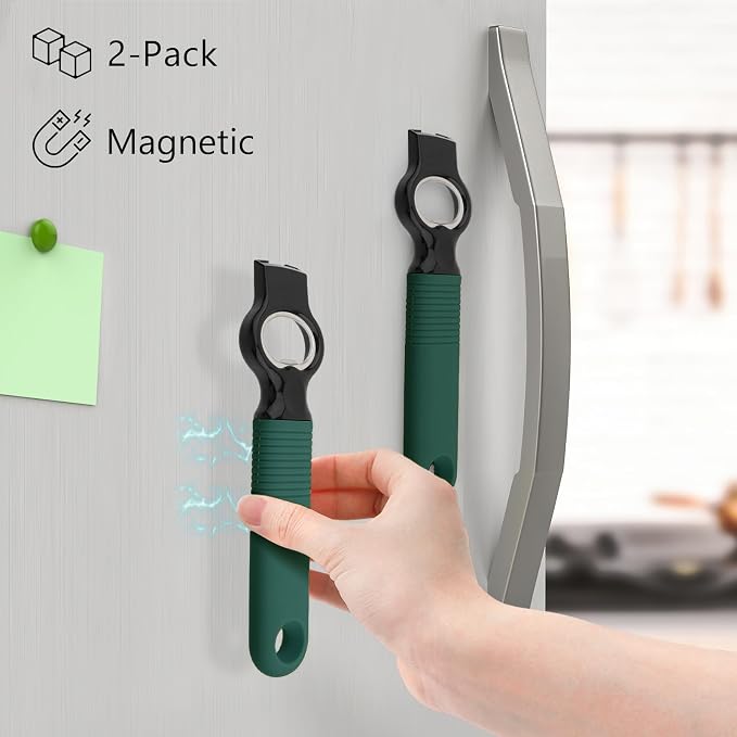 2Pack Magnetic 2-in-1 Beer Bottle Cap & Soda Can Opener-Dark Green | Soft Silicone Handle with Built-in Magnet Sticks to Fridges / Easy Can Tab Opener for Bartenders, Seniors, and Long nails