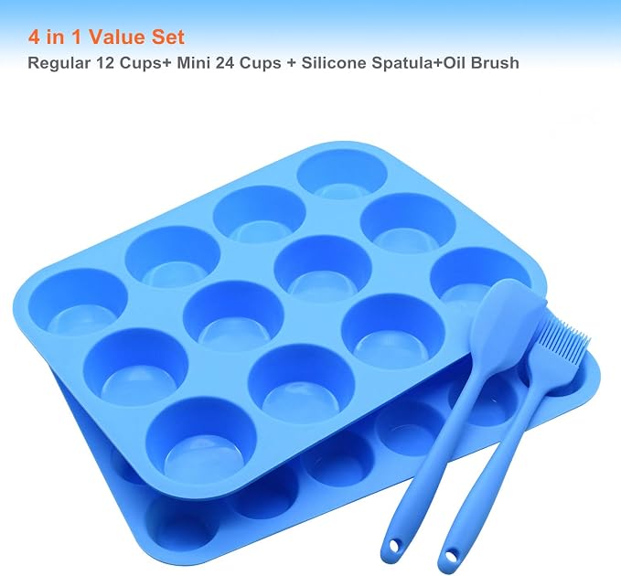 Silicone Muffin Pan Cupcake Set,Non-Stick 12 Cups and Mini 24 Cups | Silicone Baking Molds ,BPA Free Muffin Tin with 1 Spatula & 1 Oil Brush,BPA-Free,Dishwasher-Safe(blue)