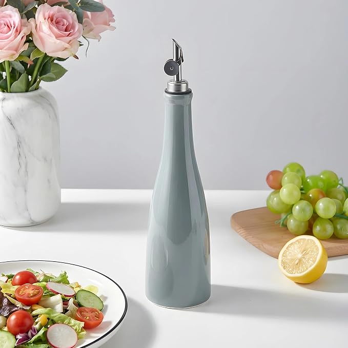 YOLIFE Olive Oil Dispenser Bottle, 15oz Ceramic Oil Dispenser for Kitchen | Oil Bottle with Gravity Spout, Leak Proof EVOO Dispensing Bottle with 2 Spouts and 1 Funnel for Vinegar, Juice(Gray)