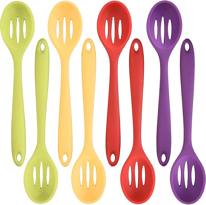 Linwnil 4 Pieces Silicone Slotted Spoons,10.6 Inch Nonstick Mixing Serving Spoons for Kitchen Cooking Bake Stir Draining Tool (8, Multicolor)