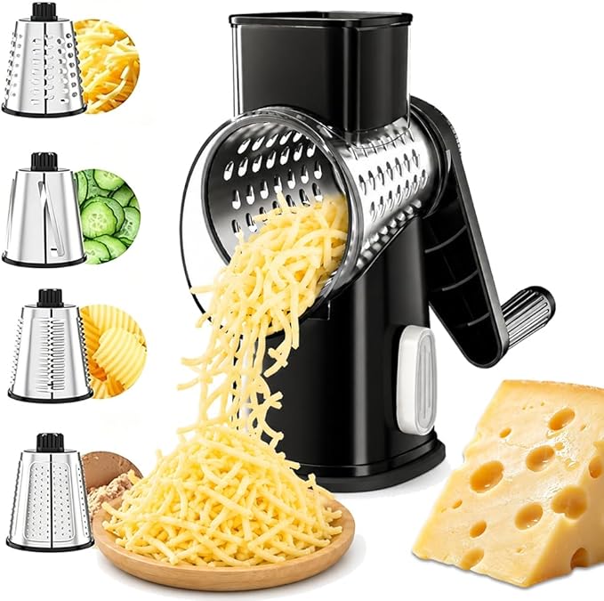 VEKAYA Rotary Cheese Grater Hand Crank with 4 Interchangeable Stainless Steel Blades, Large Manual Handle Shredder and Waffle Slicer for Vegetables, Cheese and Nuts with Table Suction Base (Black)
