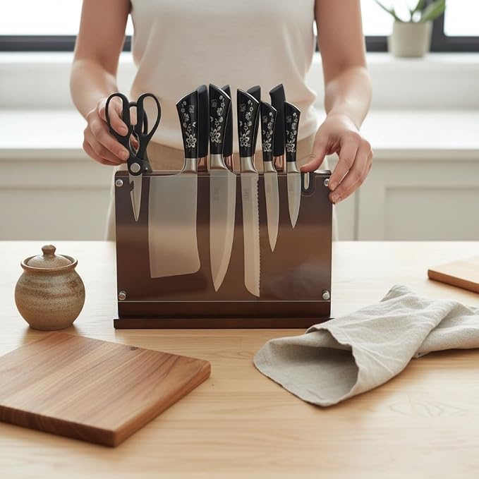Magnetic Knife Holder 14x10 Inches Extra Large Size with Knife Sharpener Wooden Double Sided Magnetic Knife Block for Kitchen Counter with Cutting Board Slot & Acrylic safety shieldf, Sturdy & Durable