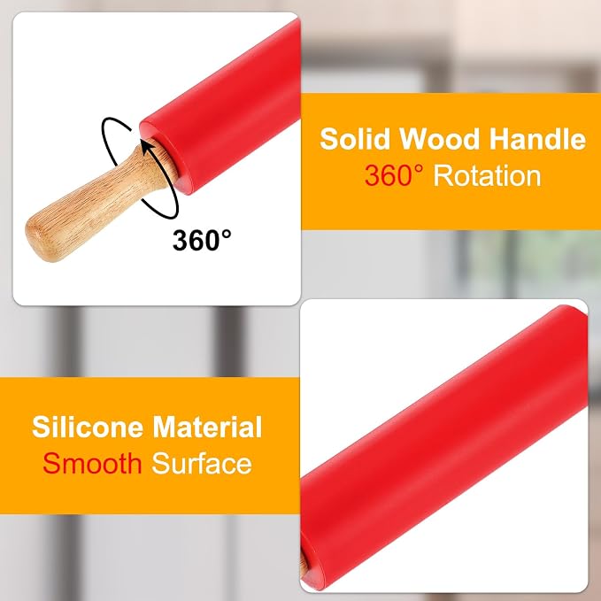 uxcell 7.5 Inch Silicone Rolling Pin, Small Dough Roller with Wood Handle for Pizza Pastry Fondant Kitchen, Red