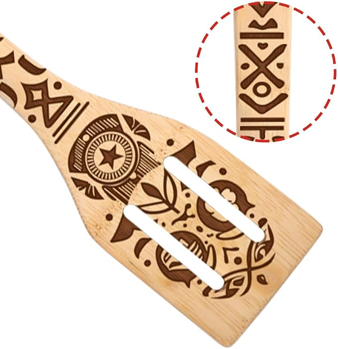 Ancient Totem Retro style Gift Idea Cooking Serving Utensils Natural Bamboo Kitchen House Warming Presents Slotted Wooden Spoons for Cooking Utensils Set of 5…