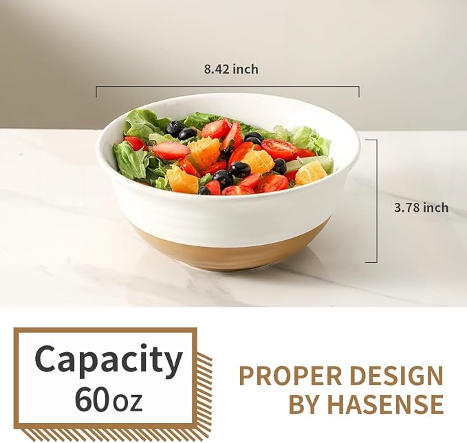 HASENSE Large Ceramic Serving Bowls Set of 2, 60 Oz 8.5 Inch White & Terracotta Stoneware Bowls, Farmhouse Bowls for Salad, Soup & Pasta, Dishwasher & Microwave Safe, Christmas Entertaining Dishes