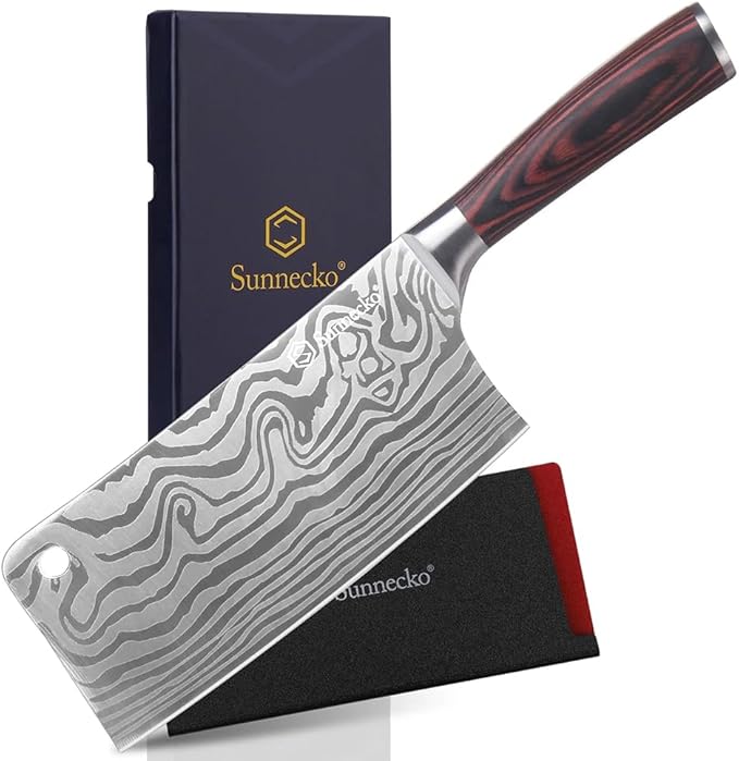 Sunnecko 7” Cleaver Knife, 12° Edge High Carbon Steel Meat Cleaver with Pakkawood Handle, Multipurpose Chef Knife for Meat Cutting&Vegetable, Butcher Knife with Sheath, Premium Gift for Cooks