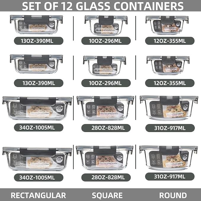 12 Pack Glass Storage Containers Transparent, Stackable Design Meal Prep Containers for Food Storage, Home, Kitchen & Pantry Organization, Microwave/Freezer/Dishwasher Safe