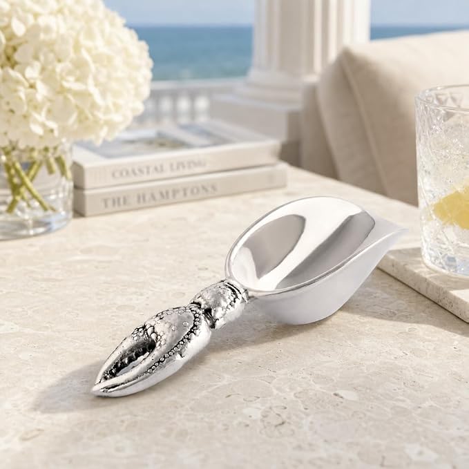 Arthur Court Crab Handle Ice Scoop - Sand Casted and Hand Polished Aluminum - Coastal Barware - 8 Inch Long