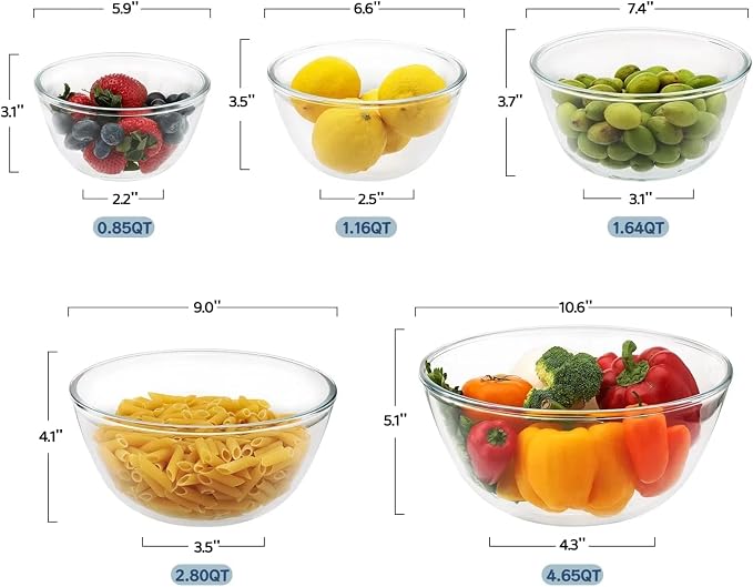 Cuiselect 5pc Glass Mixing Bowls with Lids Set (4.65QT, 2.80QT, 1.64QT, 1.16QT, 0.85QT), Nesting Salad Bowl, Glass Mixing Bowl for Cooking, Baking, Prepping-Dishwasher Microwave Freezer Safe(Brown)