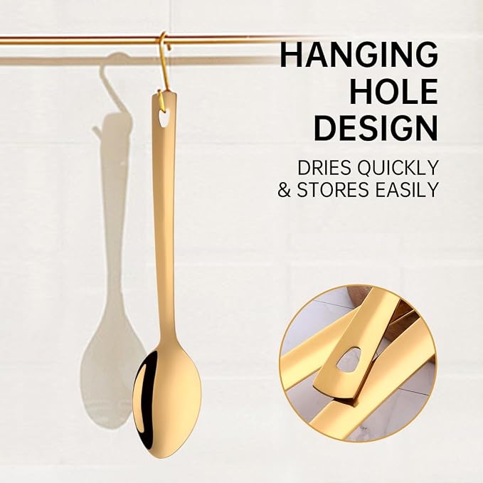 13-Inch Large Stainless Steel Serving Spoons Set, Long Handle Buffet Utensils, Dishwasher Safe (Gold, 6 piece)