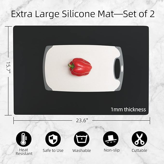 2 Pack Silicone Mats for Kitchen Counter, Treerit 23.62" x 15.75" Thick Large Silicone Mat, Nonskid Heat Resistant Countertop Protector, Easy to Clean, Black