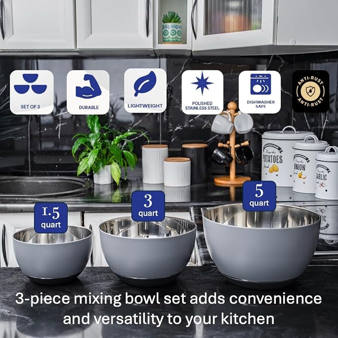 Stainless Steel Mixing Bowls Set, 3-Piece with Silicone Base | 1.5, 3 & 5 Qt Metal Bowls for Meal Prep, Baking, Cooking, Serving & Food Storage, Non-Slip Base, Dishwasher Safe, Grey