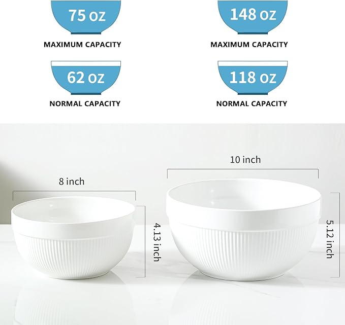 Ceramic Large Mixing Bowls for Kitchen, Set of 2 Big Serving Bowls for Cooking, Popcorn, Salad, Soup, Baking, Dough Bread Making Bowl, 10 inch + 8 inch, White