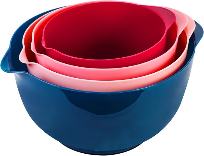 BoxedHome Classic Mixing Bowls Set of 4, BPA Free Plastic, Microwave Safe | 4.5, 3.5, 2.5 and 1.7 Quarts, Non-slip Base Large Non-toxic Nesting Bowl with Pour Spout, Dishwasher Safe, for Prep, Cooking