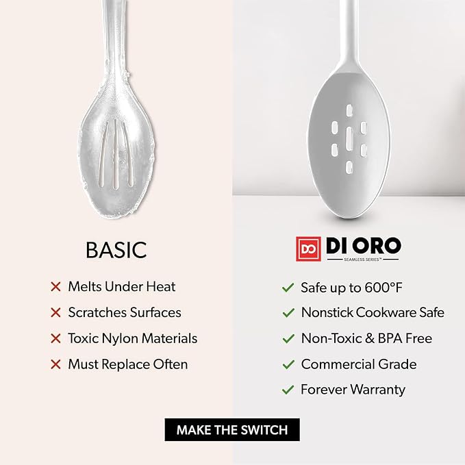 DI ORO Silicone Ladle & Spoons for Cooking – Large Kitchen Spoons for Mixing, Serving, & Stirring - Soup Ladle with Wide Bowl - High Heat Silicone Kitchen Utensils for Nonstick Cookware Safe (Stone)