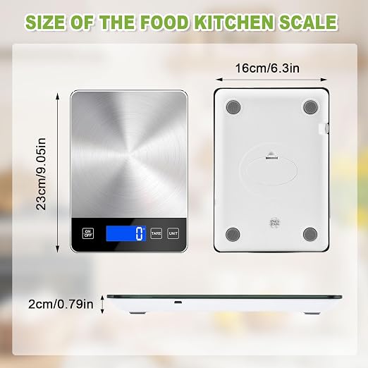 Digital Kitchen Scale, 33lb Food Scale Precisely Measures Grams and Ounces for Baking, Cooking, and Meal Prep, Rechargeable 304 Stainless Steel with LCD Display, Batteries and USB Charging Included