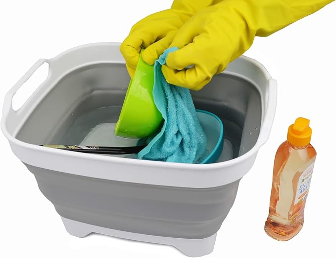 SAMMART 7.5L (2 Gallons) Collapsible Dishpan with Draining Plug - Foldable Washing Basin - Portable Dish Washing Tub - Space Saving Kitchen Storage Tray (White/Grey, 1)