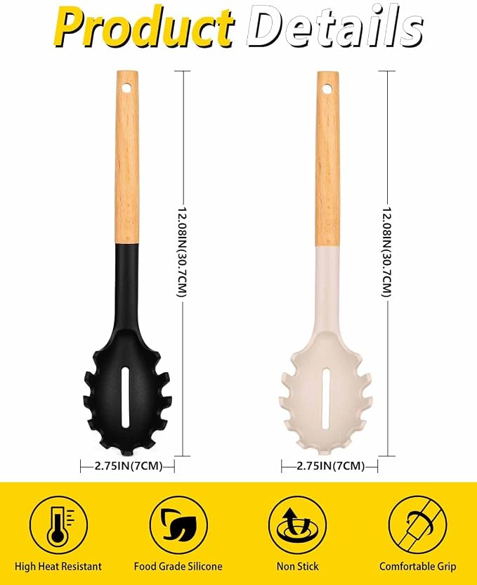 Pack of 2 Spaghetti Spoon, Silicone Pasta Fork with Wooden Handle, Heat Resistant Noodle Spoon Server, BPA Free Spaghetti Strainer(BLACK-KHAKI)