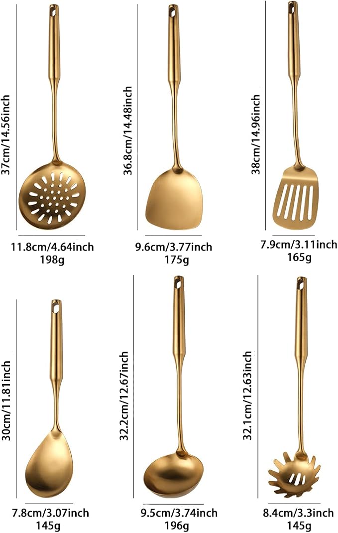 Kitchen Utensil Set, 6 Piece Stainless Steel Cooking Utensil Set, Gold Cooking Tools Spatula, Ladle, Skimmer, Slotted Tuner, Spaghetti Server, Rice Scoop Spoon
