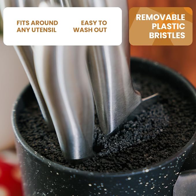 Stilaris Universal Knife Block & Utensil Holder - Dual Slotless Bristle Stand for Chef Knives, Scissors & Spatulas - Weighted Non-Slip Base, Modern Speckled Design, Easy Clean Removable Insert