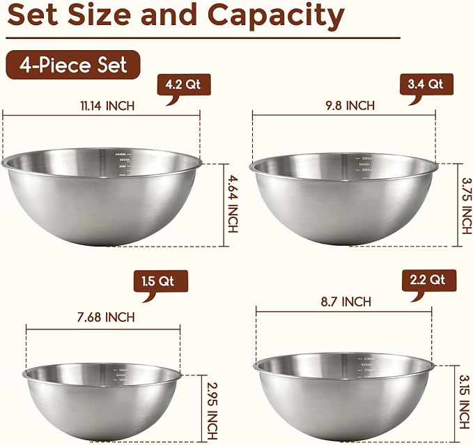 Gronivex Stainless Steel Mixing Bowls Set, 4-Piece (1.5, 2.2, 3.4 & 4.2 Qt) | Food-Grade Metal,Dishwasher Safety,Stackable Nesting & Space-Saving, For home baking, salads, cooking, and RV or grilling use