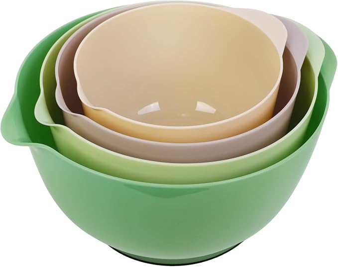 BoxedHome Classic Mixing Bowls Set of 4, BPA Free Plastic, Microwave Safe | 4.5, 3.5, 2.5 and 1.7 QT, Non-slip Base Large Non-toxic Nesting Bowl with Pour Spout, Dishwasher Safe, for Prep, Cooking