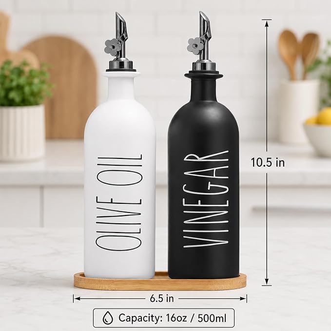 HOMCDALY 16oz Olive Oil Dispenser Bottles for Kitchen, Glass Oil Dispenser for Kitchen with Bamboo Tray, Oil&Vinegar Dispenser Set | Set of 2 (16oz-P-Black&White)