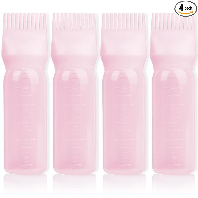 Root Comb Applicator Bottle 6 Ounce, 4 Pack Hair Oil Applicator with Root Comb Brush for Scalp Hair Oiling - Pink